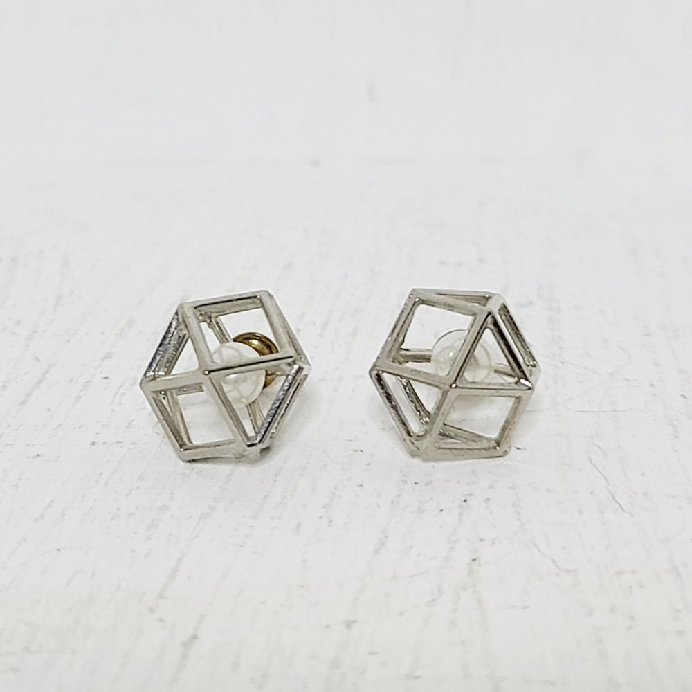 Silver Geometric Cage Earrings with Faux Pearl Stud Costume Jewelry